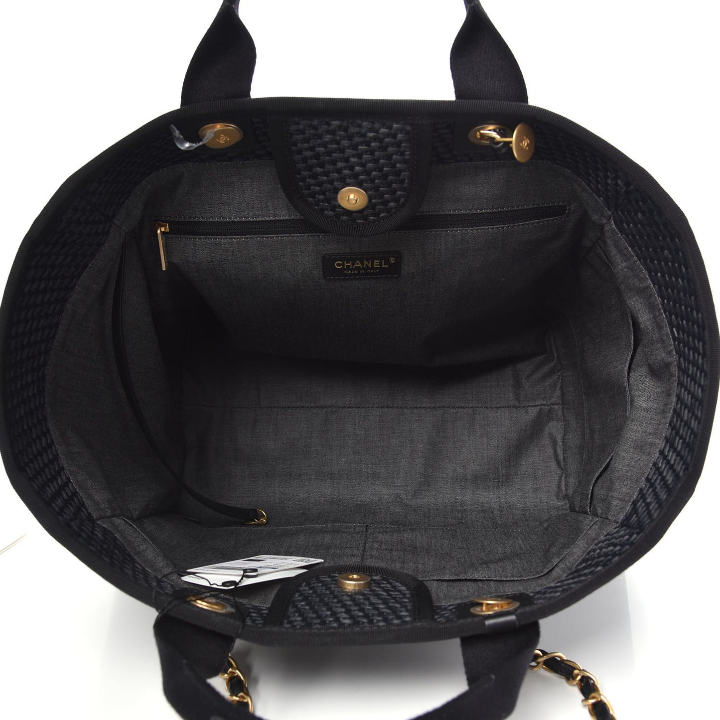 Straw Raffia Calfskin Chain Medium Deauville Tote Black