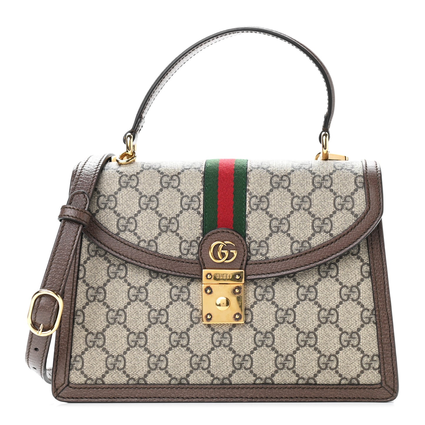 GG Supreme Monogram Textured Dollar Calfskin Web Small Ophidia Padlock Top Handle Bag Beige Ebony New Acero