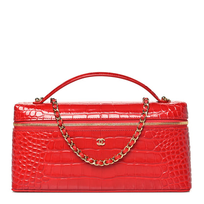 Chanel Calfskin Crocodile Embossed Crococo Top Handle East West Vanity Case With Chain Dark Red 1 of 11