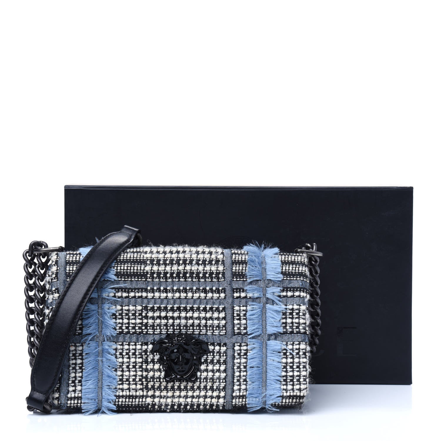 Versace Calfskin Tweed Palazzo Sultan Shoulder Bag Blue Multicolor 21 of 21