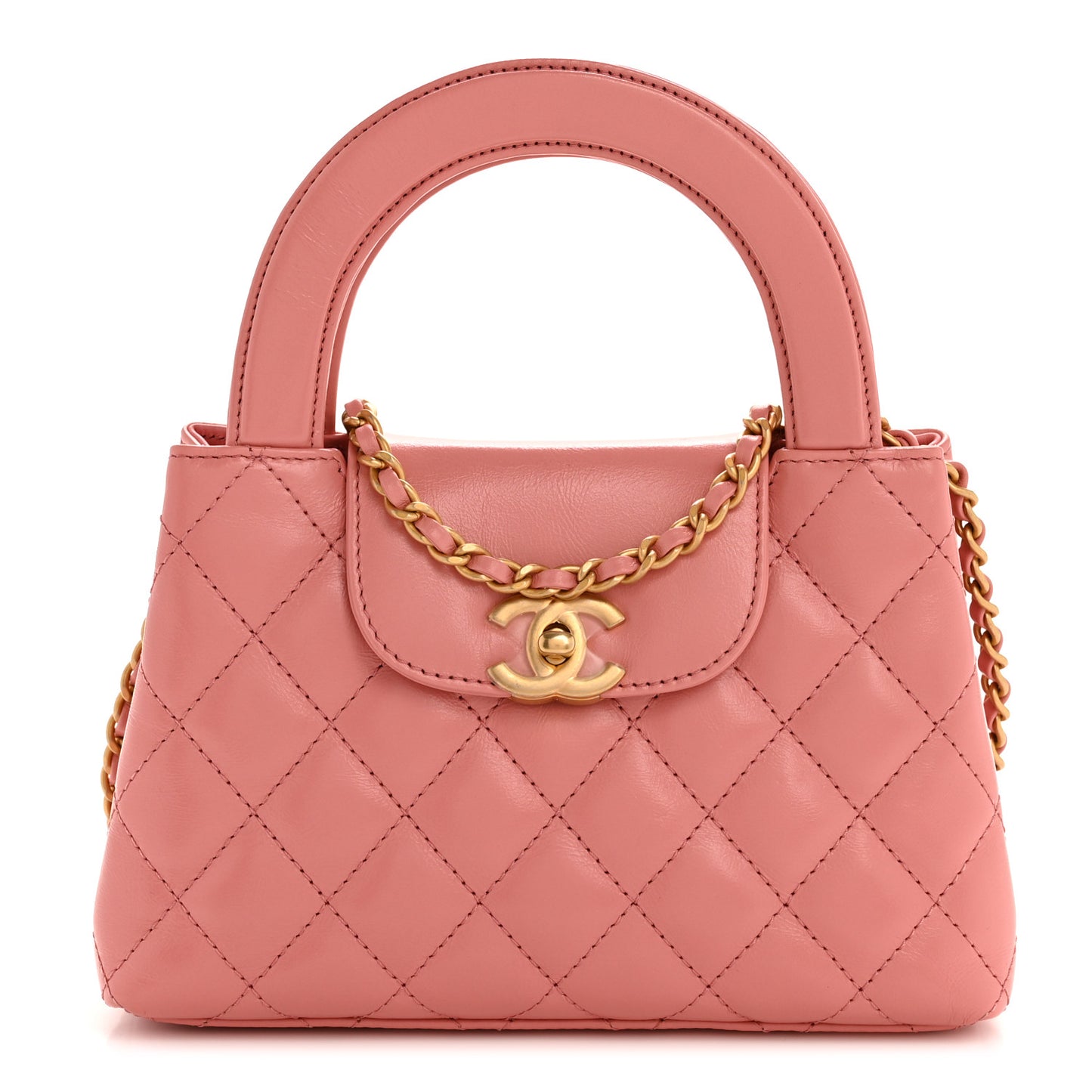 Shiny Aged Calfskin Quilted Nano Kelly Shopper Coral Pink
