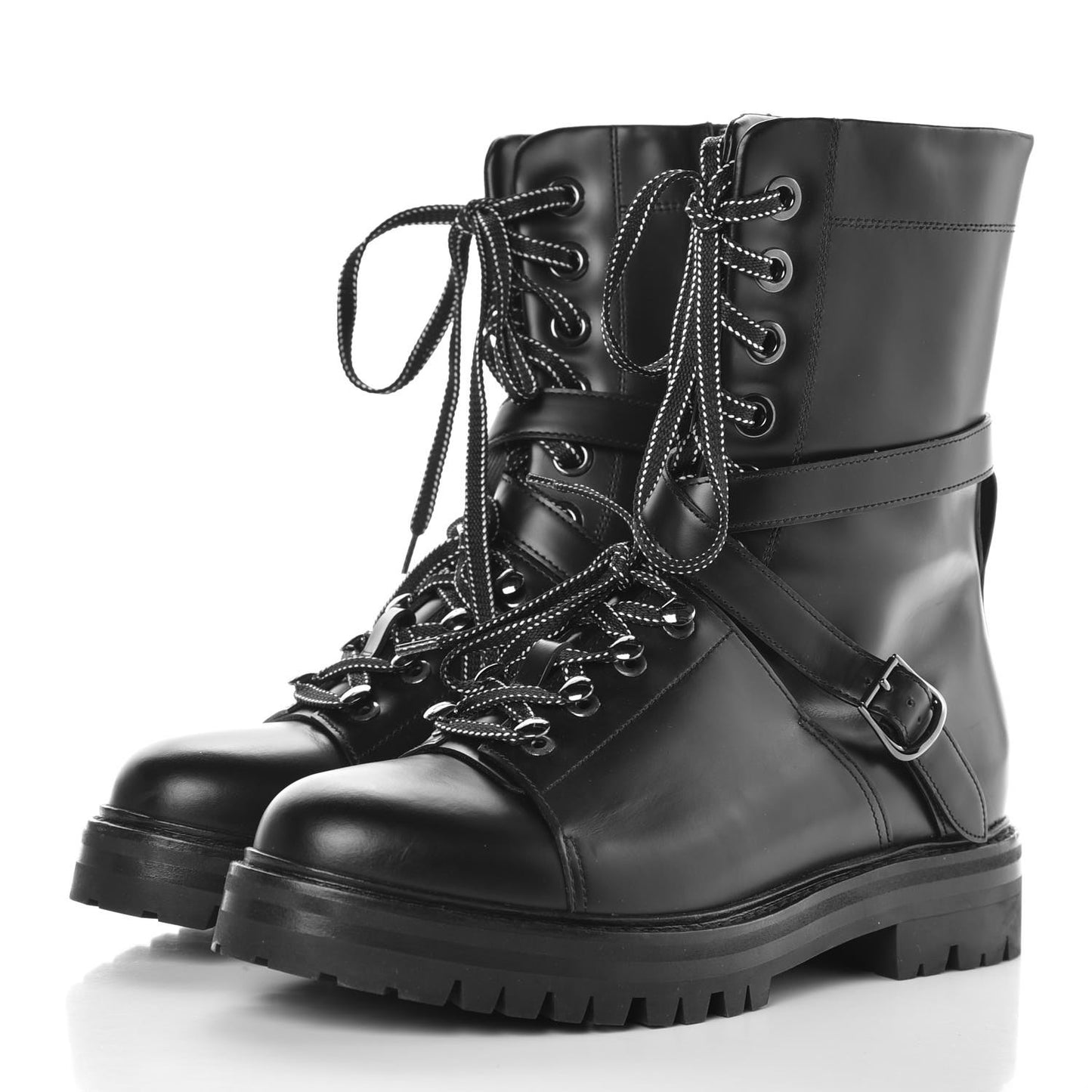 Smooth Calfskin Rockstud Buckled 25mm Combat Boots 39 Black