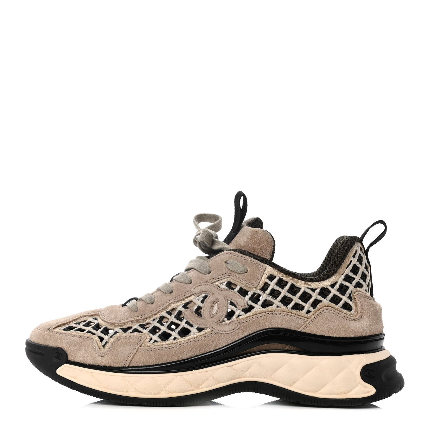 Chanel Suede Calfskin Embroidered CC Sneakers 39 Beige Black 1 of 11