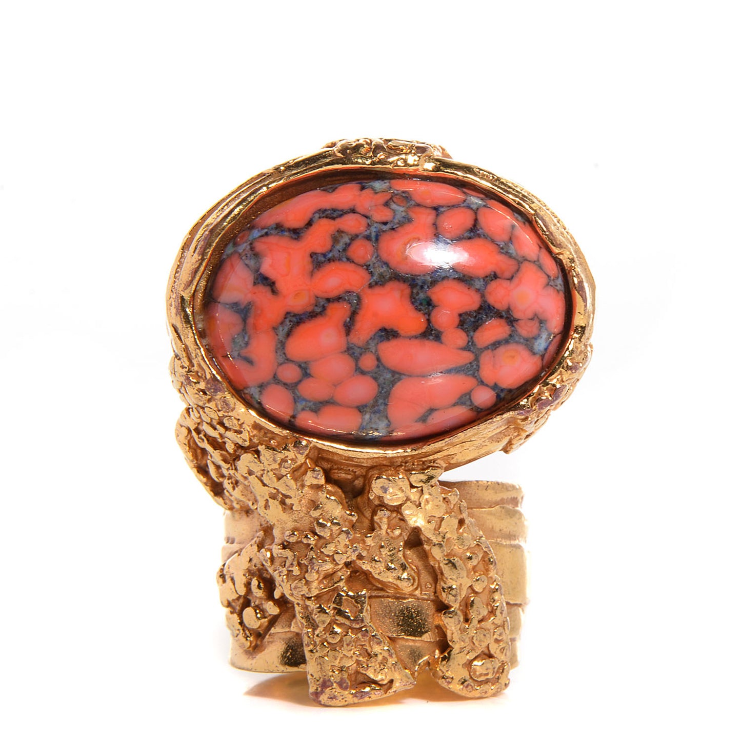 Glass Cabochon Arty Ovale Ring 7 Gold Coral