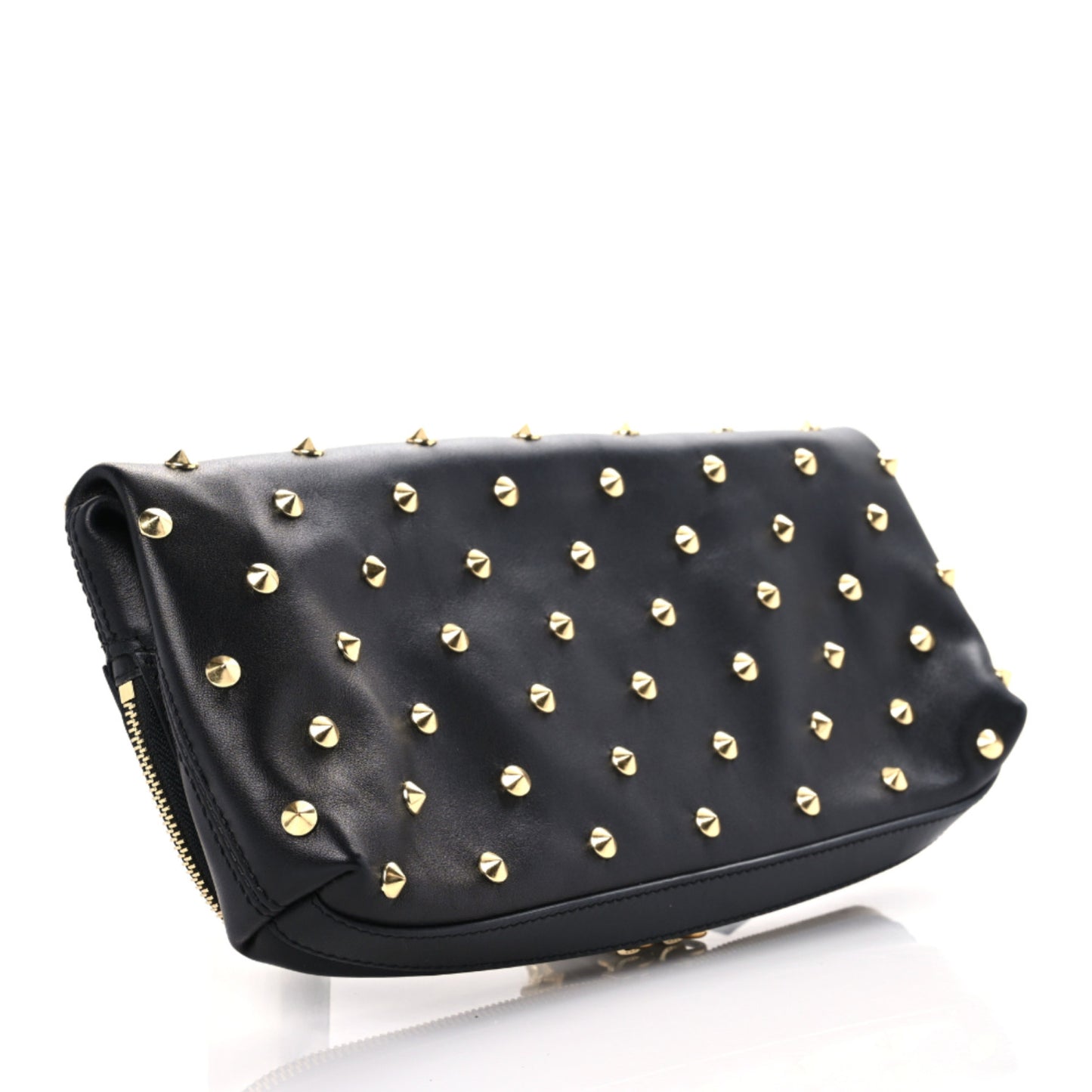 Grainy Calfskin Studded Padlock Skull Clutch Black