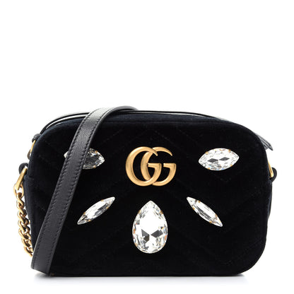 Gucci Velvet Matelasse Marquise Crystals Mini GG Marmont Chain Shoulder Bag Black 1 of 9