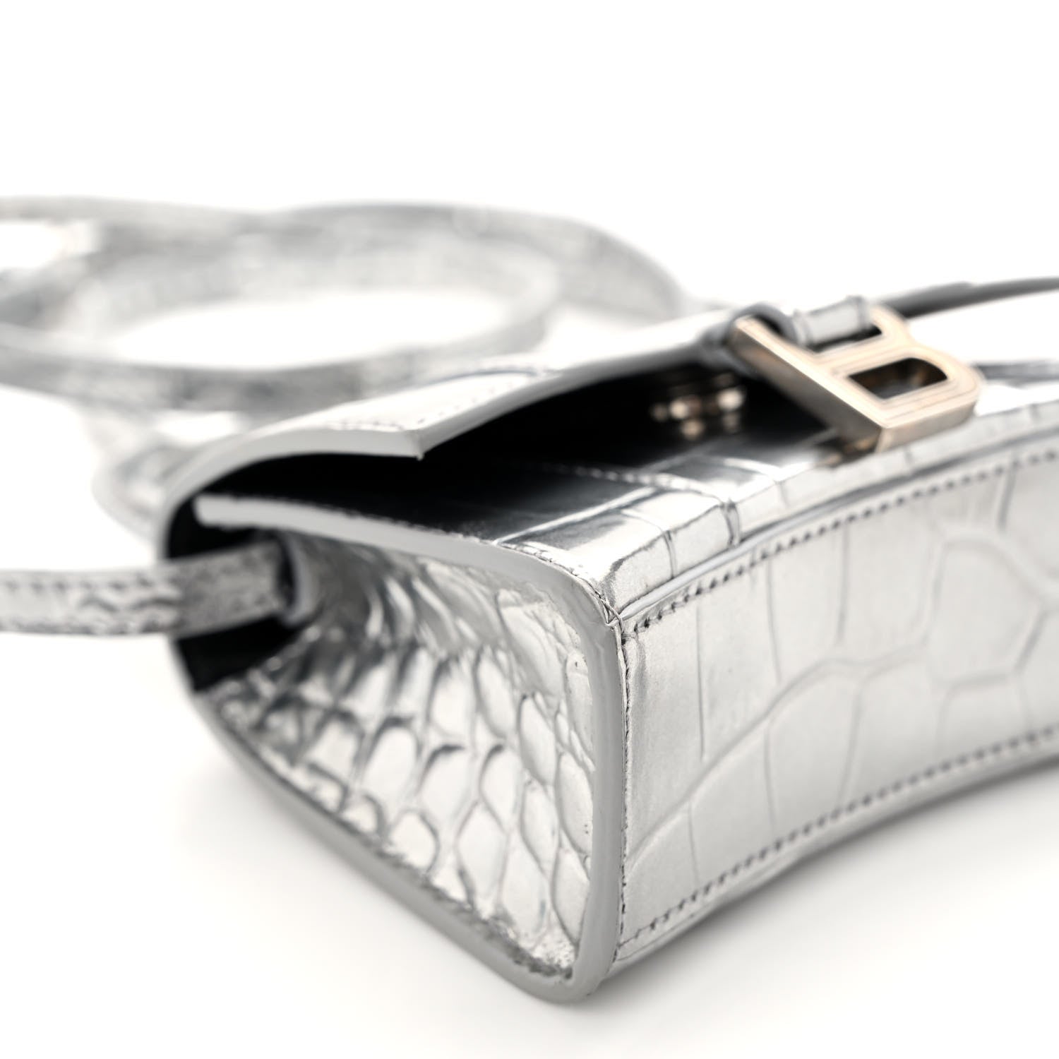 Balenciaga Metallic Calfskin Crocodile Embossed Hourglass Top Handle Bag Mini Silver 8 of 9