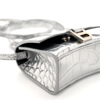 Balenciaga Metallic Calfskin Crocodile Embossed Hourglass Top Handle Bag Mini Silver 8 of 9