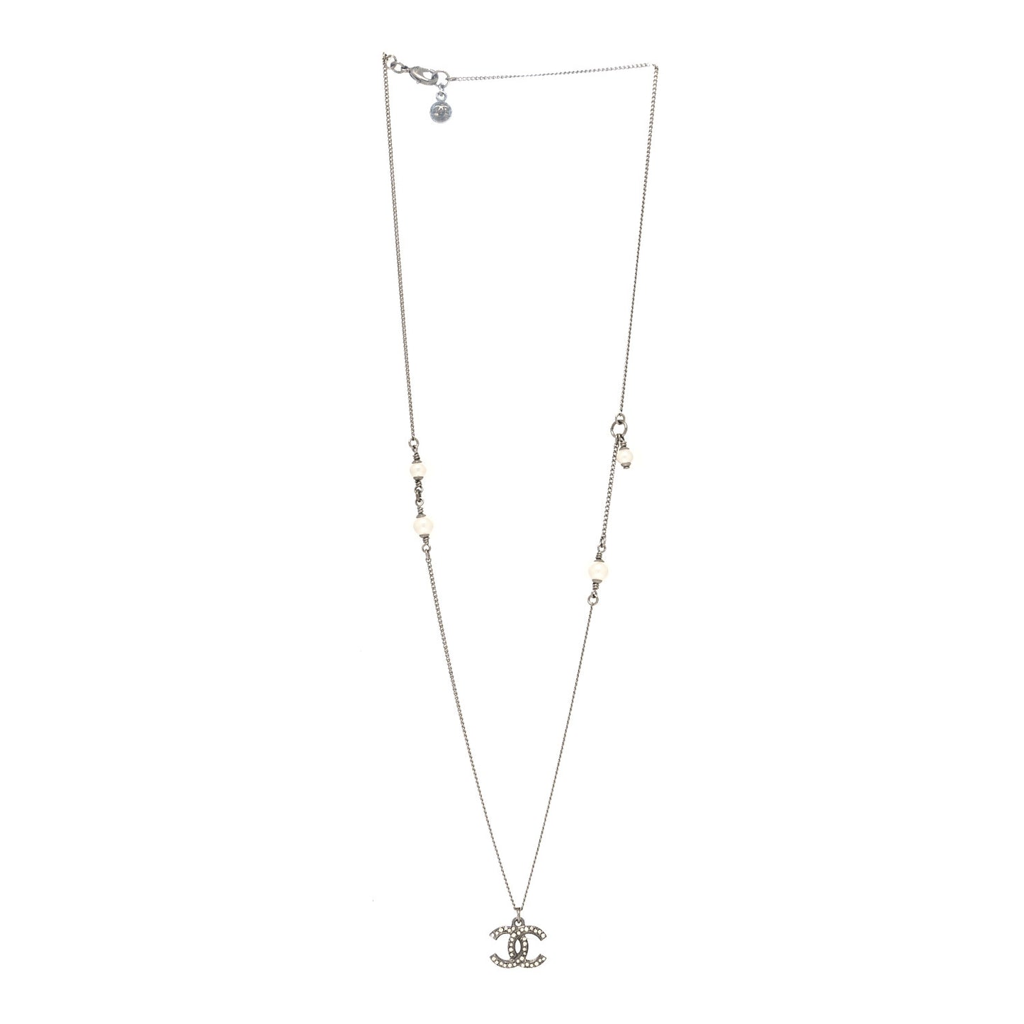 Crystal Pearl CC Pendant Necklace Silver