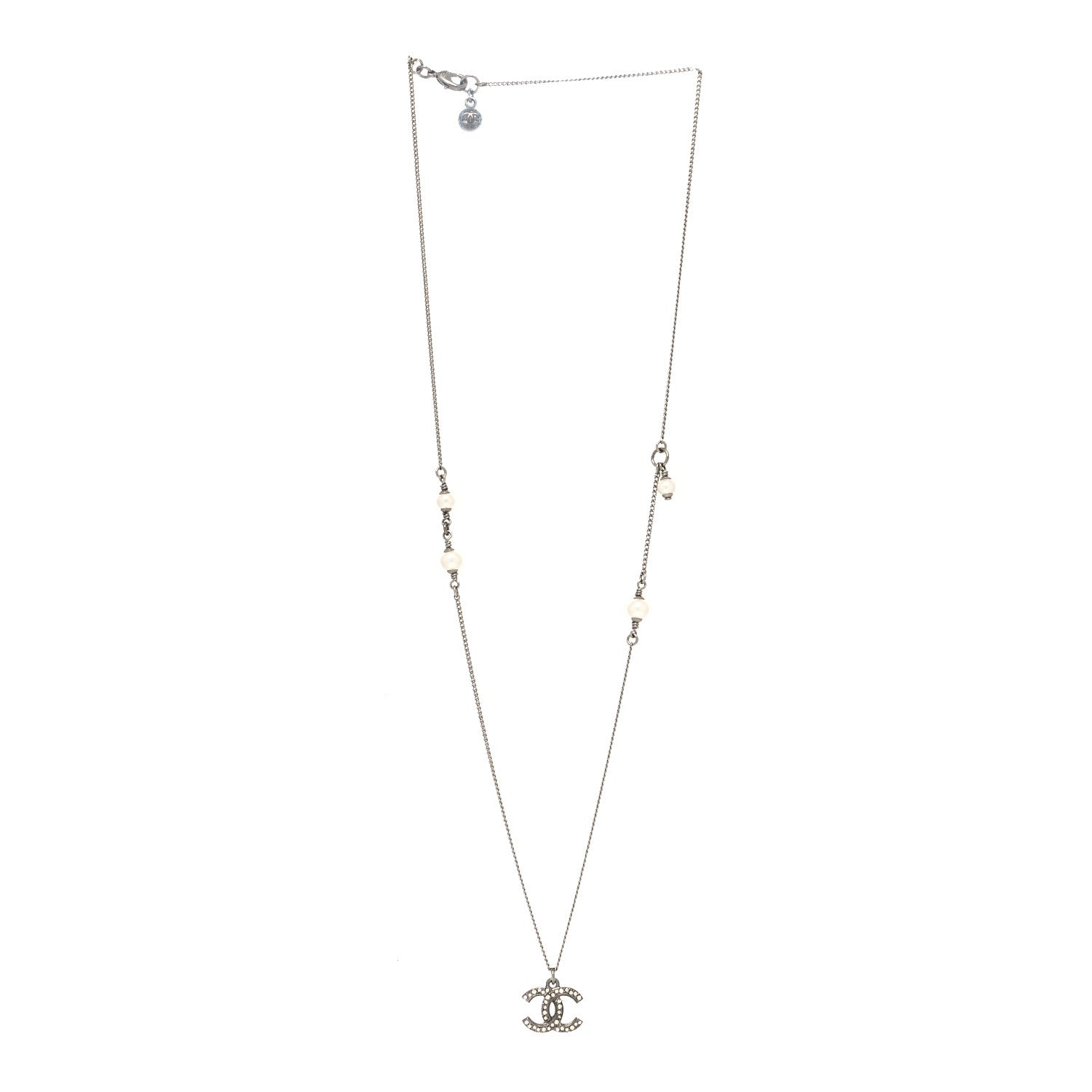 Chanel Crystal Pearl CC Pendant Necklace Silver 3 of 5