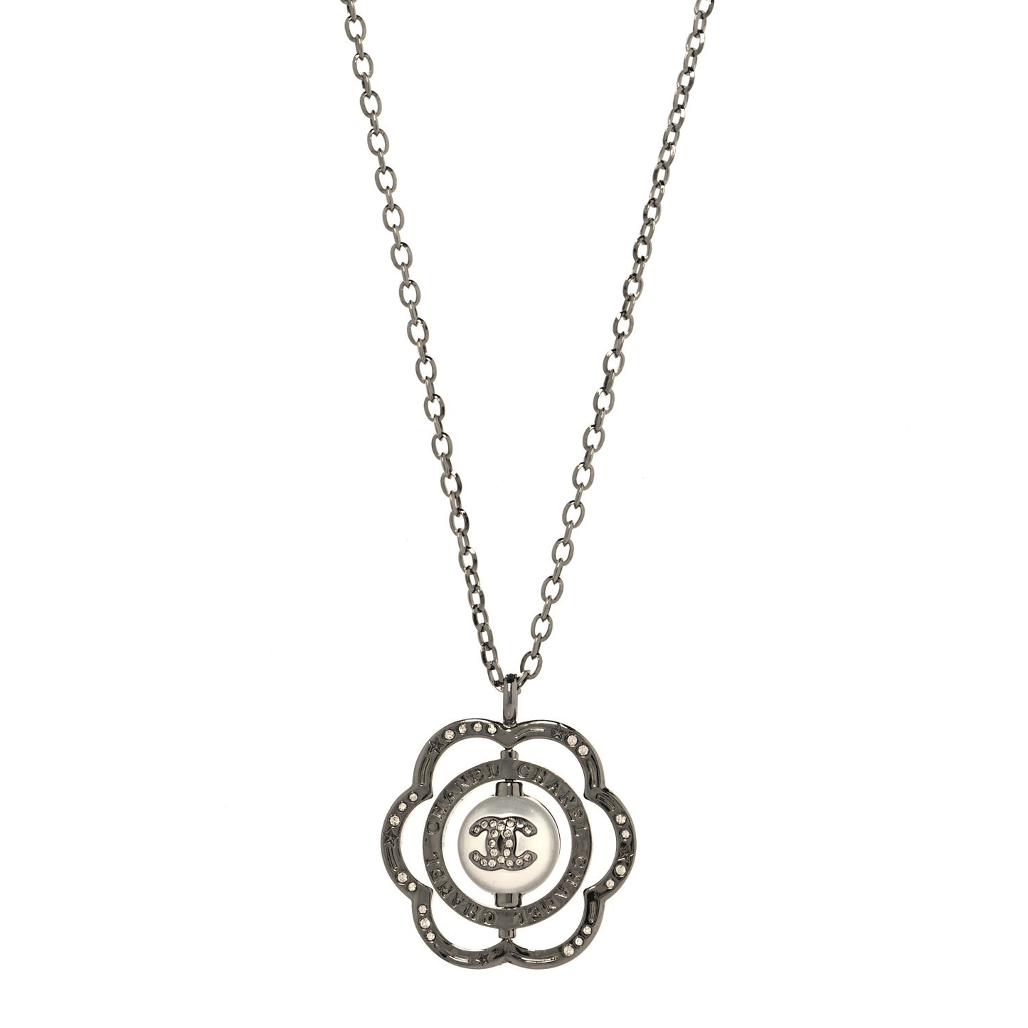 Metal Crystal Pearl CC Camellia Pendant Necklace Silver