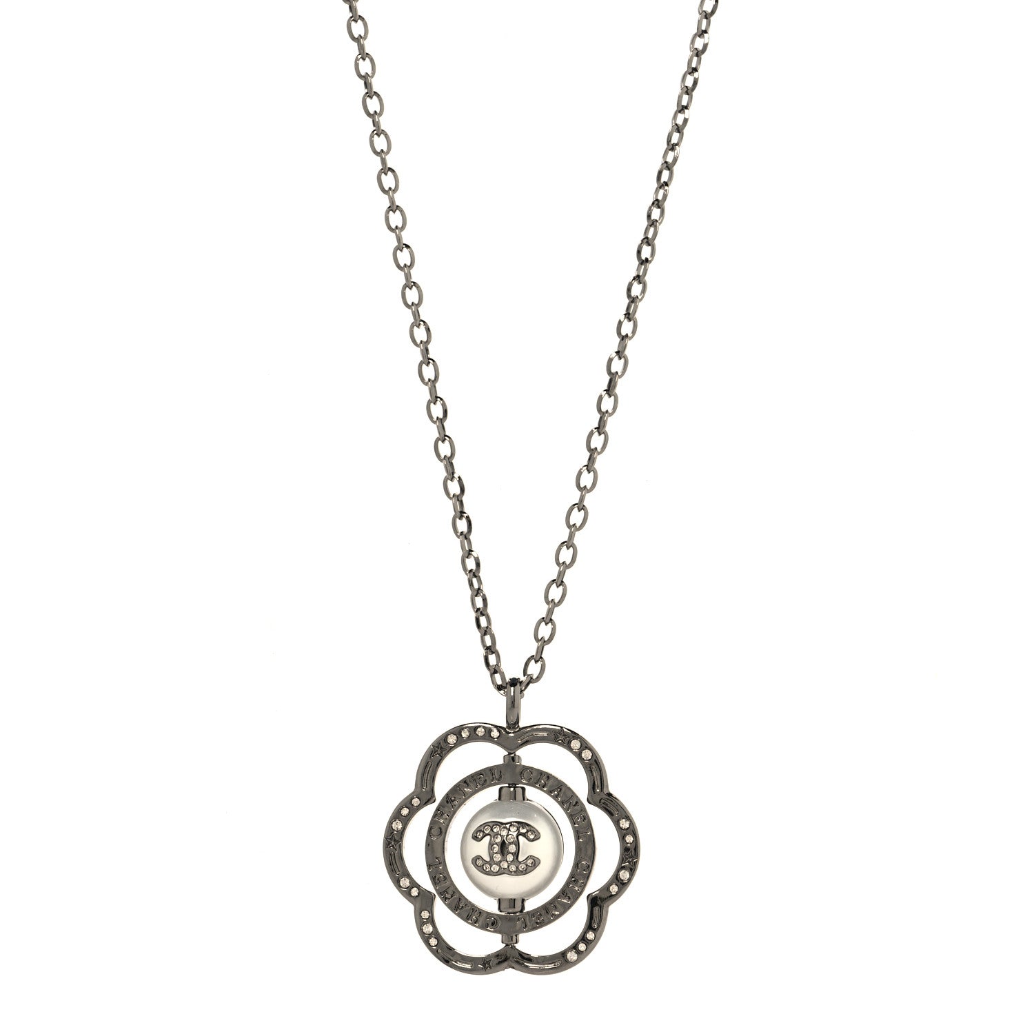 Chanel Metal Crystal Pearl CC Camellia Pendant Necklace Silver 1 of 5
