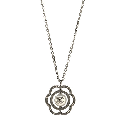 Chanel Metal Crystal Pearl CC Camellia Pendant Necklace Silver 1 of 5
