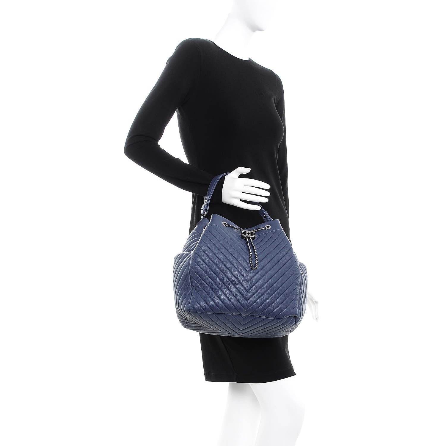 Chanel Deerskin Chevron Large CC Chain Bucket Drawstring Bag Blue 3 of 8
