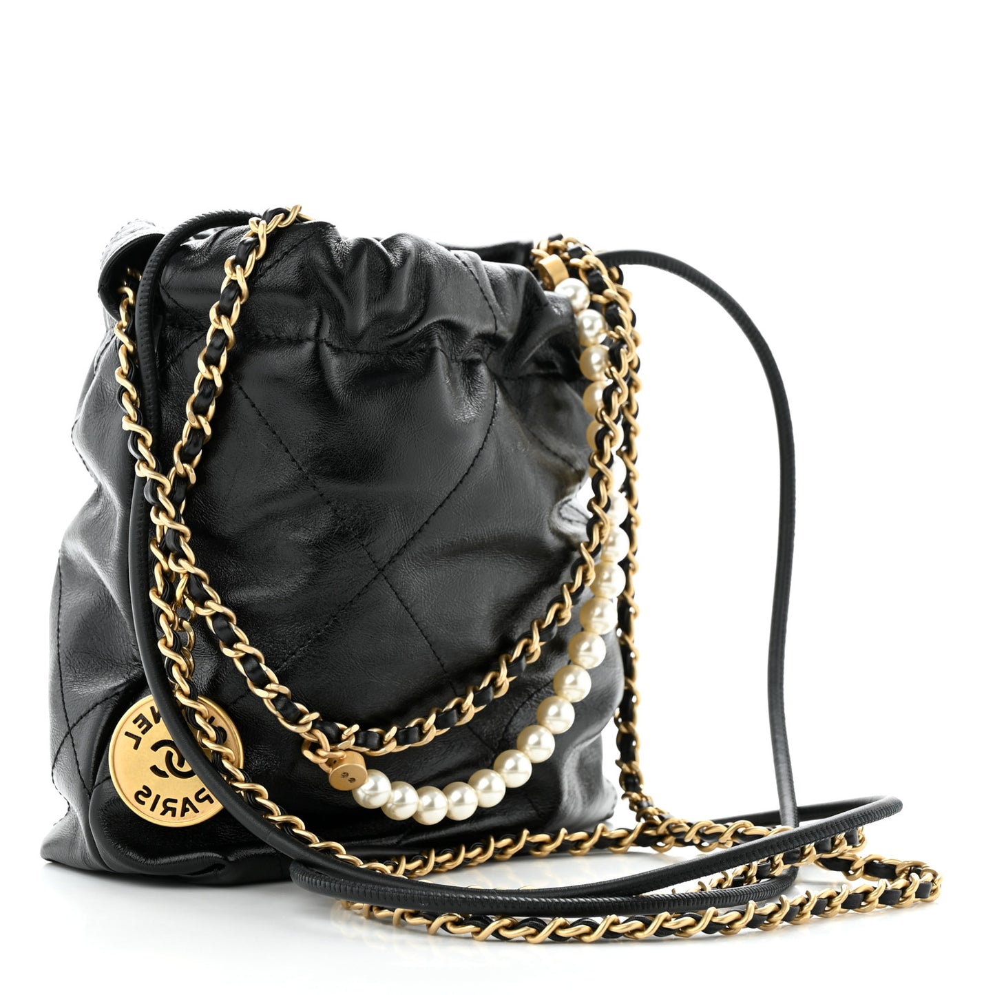 Shiny Crumpled Calfskin Quilted Pearl Mini Chanel 22 Black