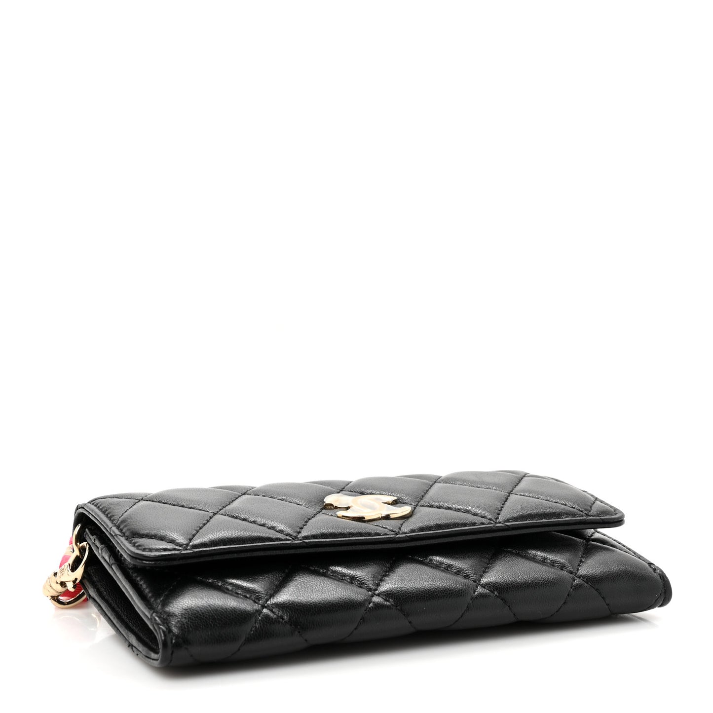 Shiny Lambskin Ribbon Quilted Clutch With Chain Black
