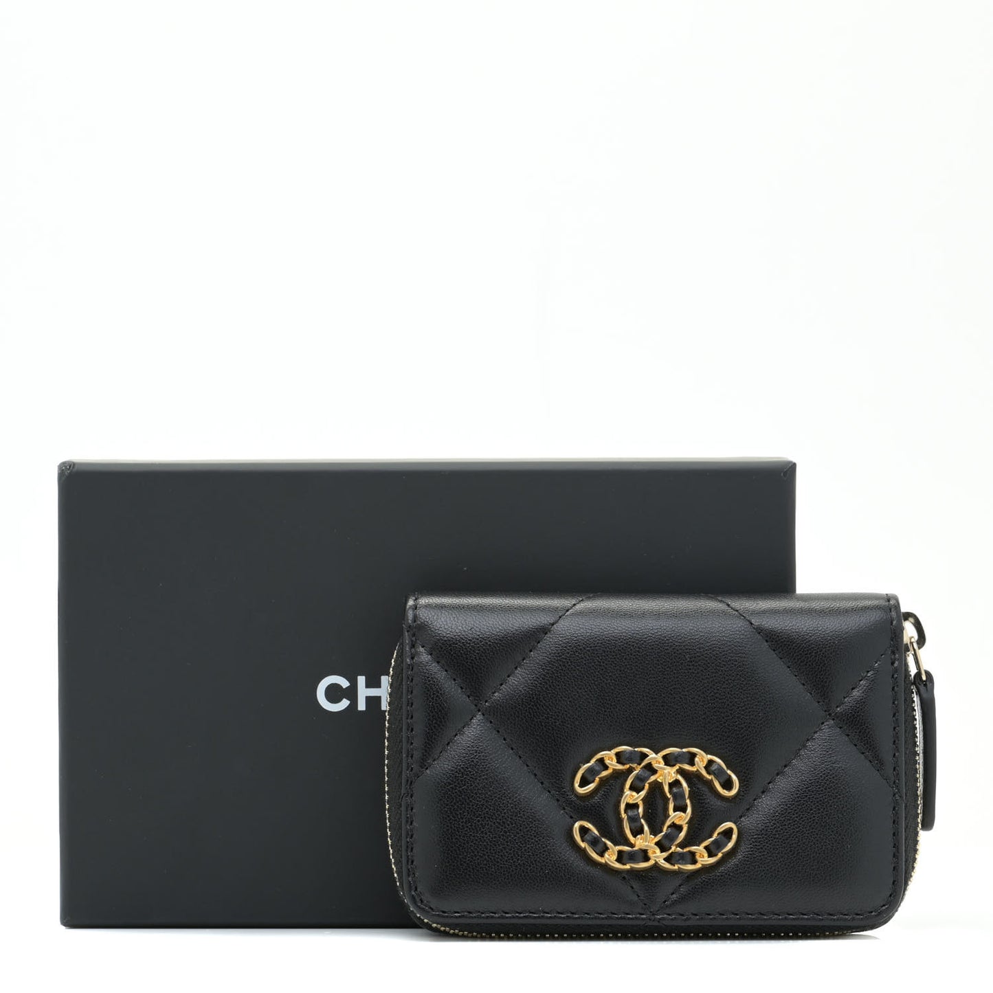 Lambskin Quilted Chanel 19 Zip Around Coin Purse Wallet Black