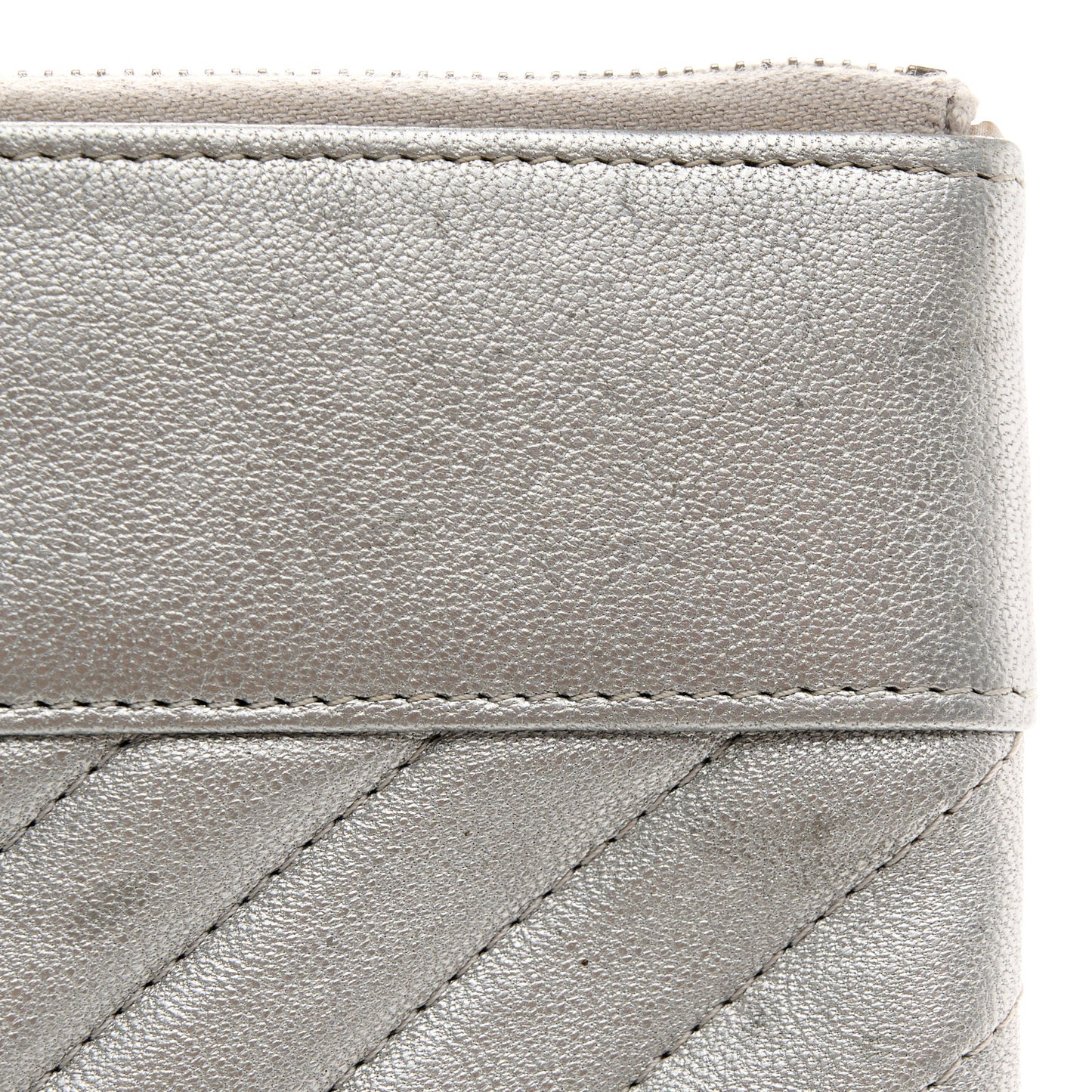 Metallic Sheepskin Chevron Quilted Mademoiselle Vintage Large Zip Pouch Silver
