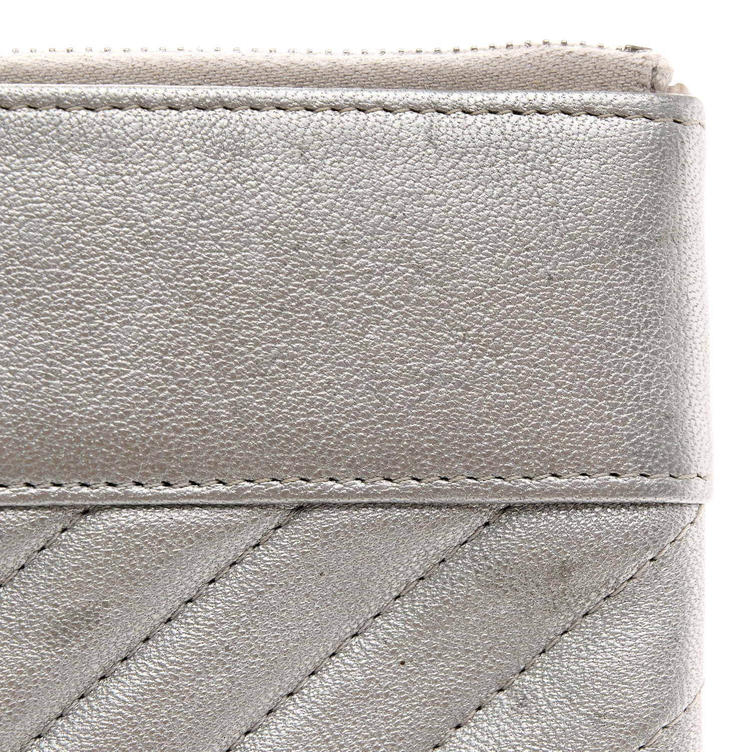 Chanel Metallic Sheepskin Chevron Quilted Mademoiselle Vintage Large Zip Pouch Silver 10 of 11