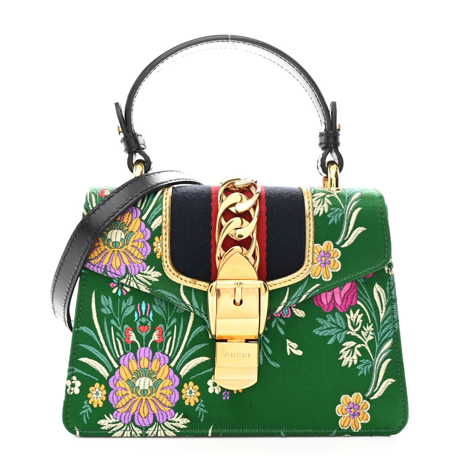 Gucci Jacquard Floral Mini Sylvie Top Handle Bag Green Multicolor Black 1 of 9