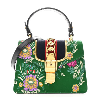 Gucci Jacquard Floral Mini Sylvie Top Handle Bag Green Multicolor Black 1 of 9