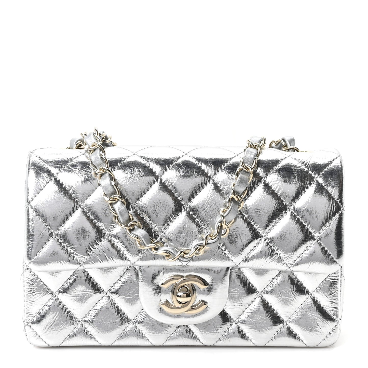 Hammered Metallic Calfskin Quilted Small Double Flap Silver
