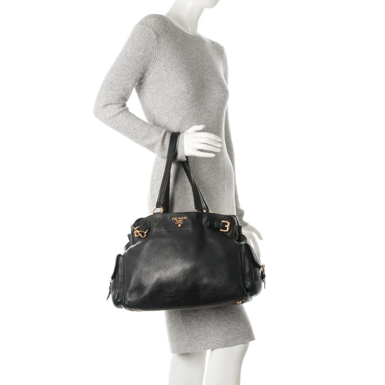 Prada Vitello Daino Side Pocket Tote Black 2 of 9