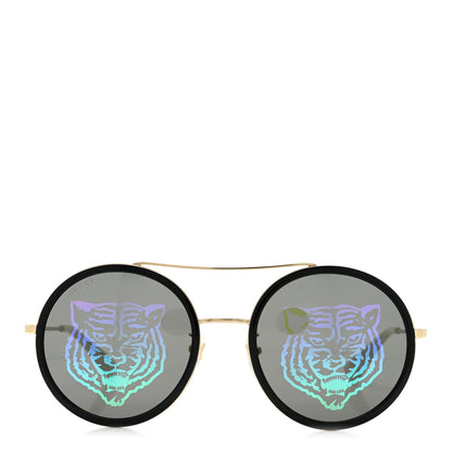 Gucci Metal Round Frame Tiger Print Sunglasses GG0061S Gold 2 of 8