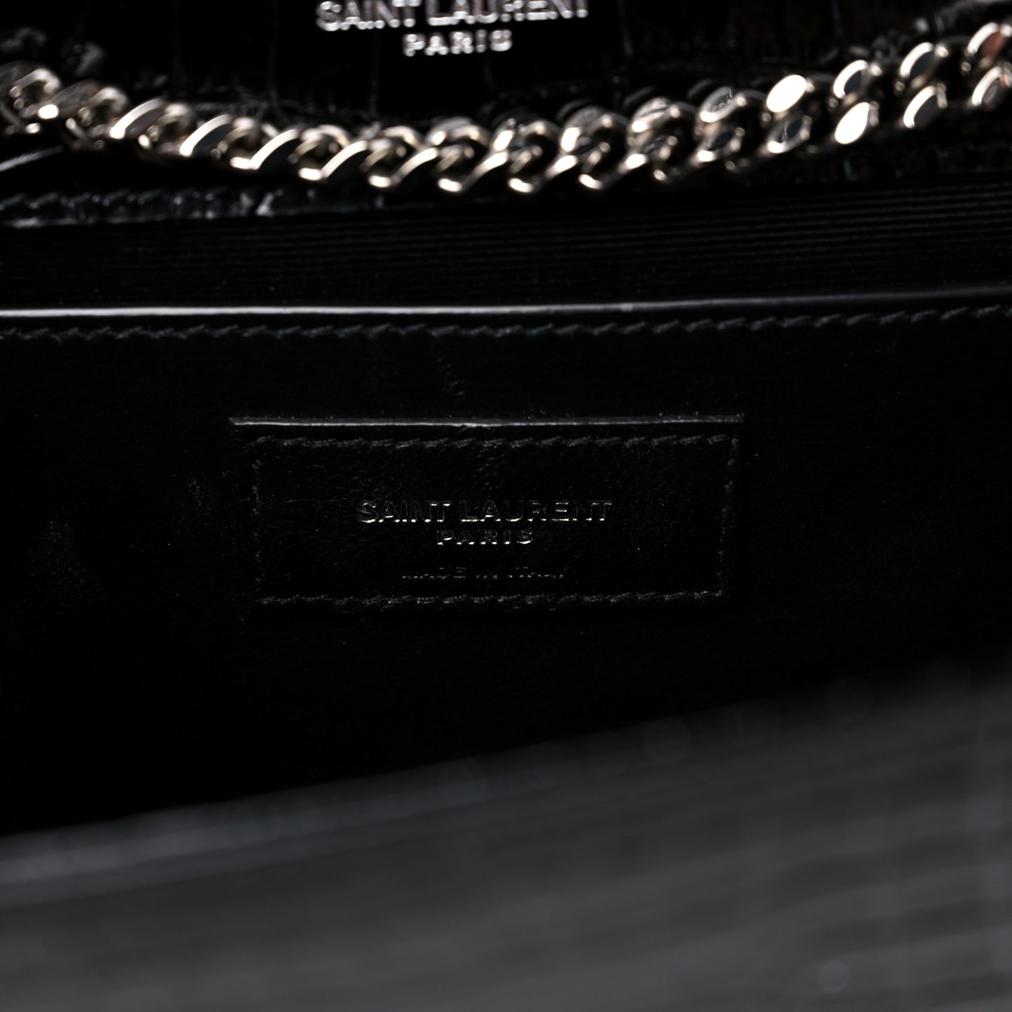 Calfskin Crocodile Embossed Medium Classic Monogram Kate Tassel Satchel Black