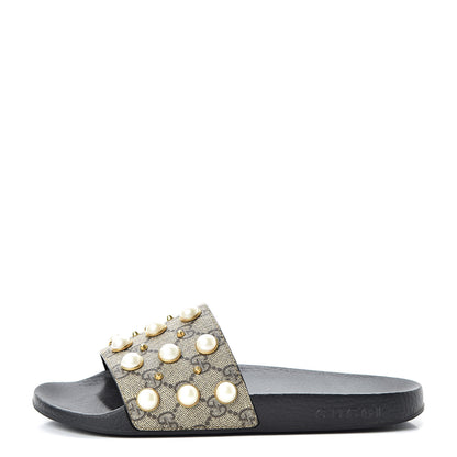 Gucci GG Supreme Monogram Pearls Slide Sandals 38 Beige 1 of 13
