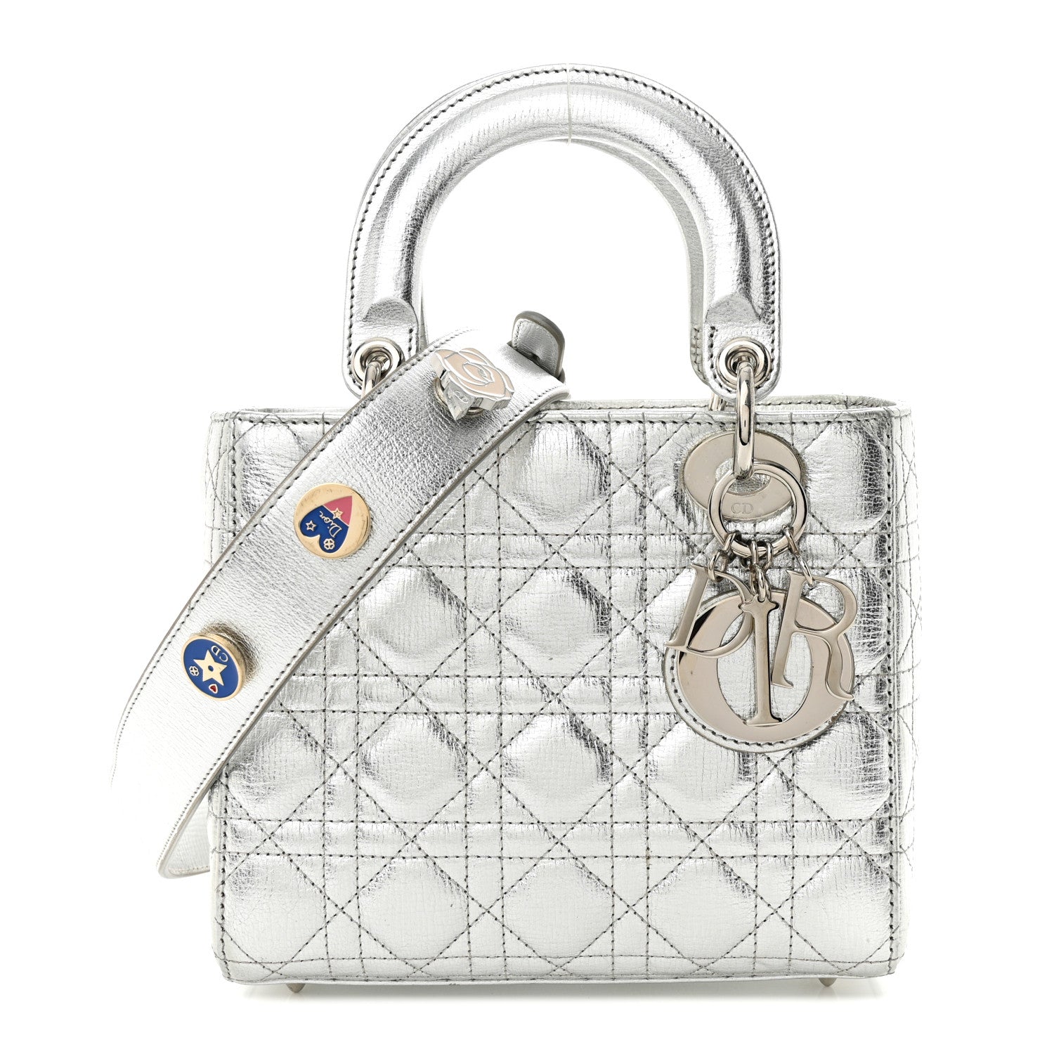 Christian Dior Metallic Grained Calfskin Cannage Small Lucky Badges My Lady Dior Silver 1 of 12