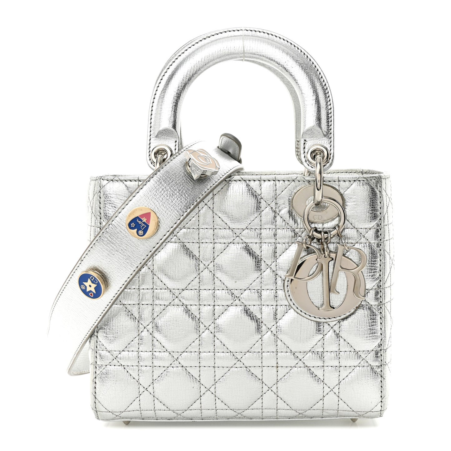 Metallic Grained Calfskin Cannage Small Lucky Badges My Lady Dior Silver