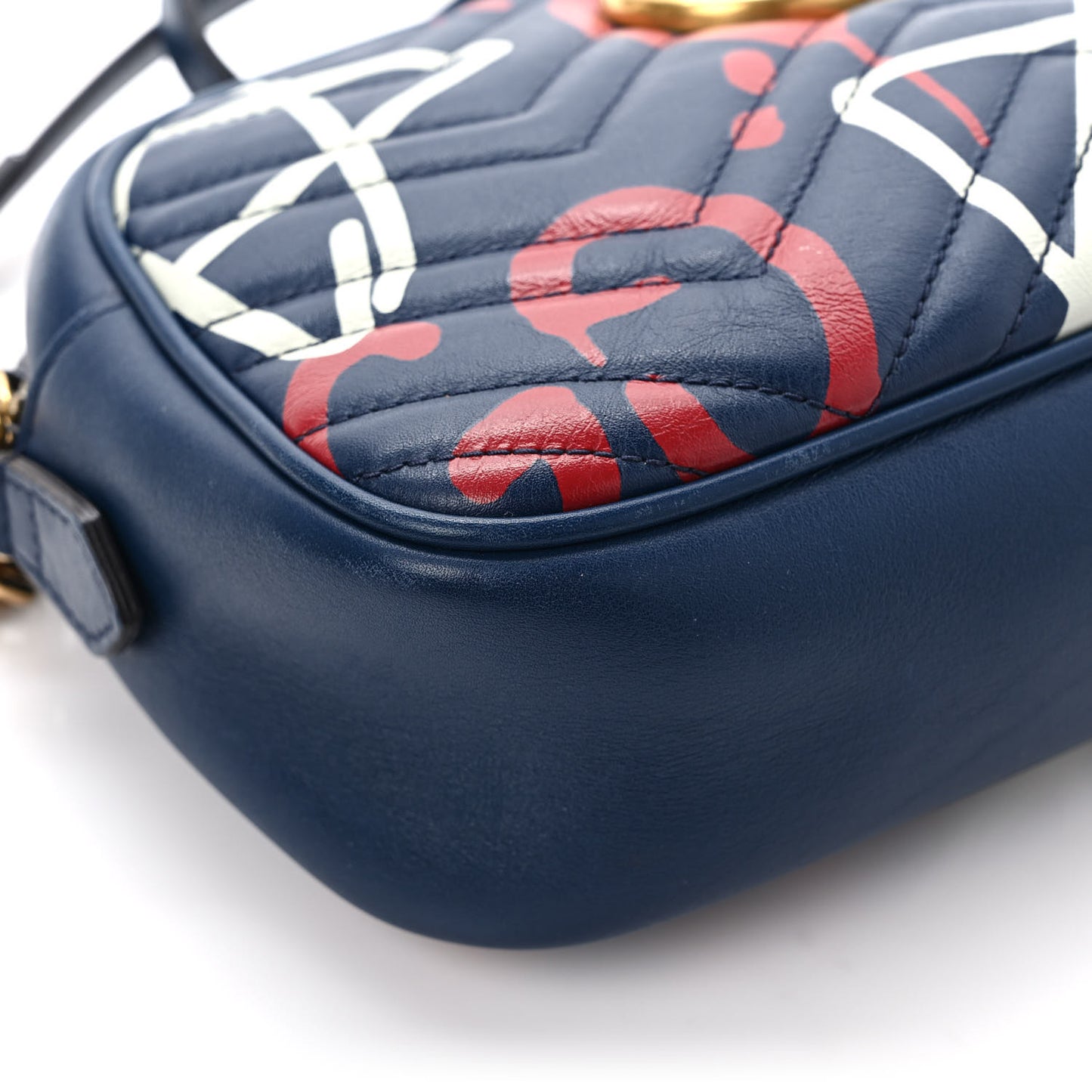 Calfskin Matelasse GucciGhost Small GG Marmont Chain Shoulder Bag Blue Agata Hibiscus Red