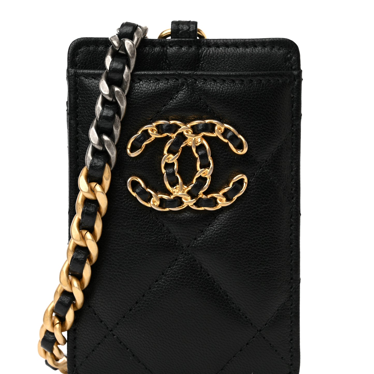 Shiny Goatskin Quilted Chanel 19 Card Holder On Chain Black