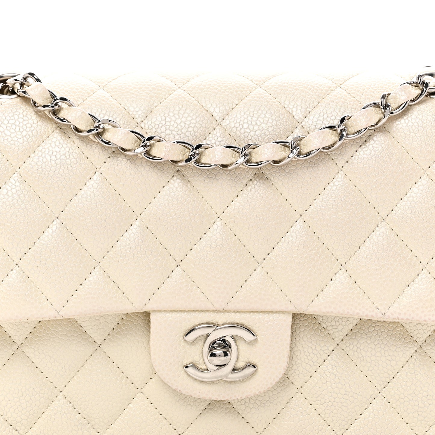 Iridescent Caviar Quilted Medium Double Flap White