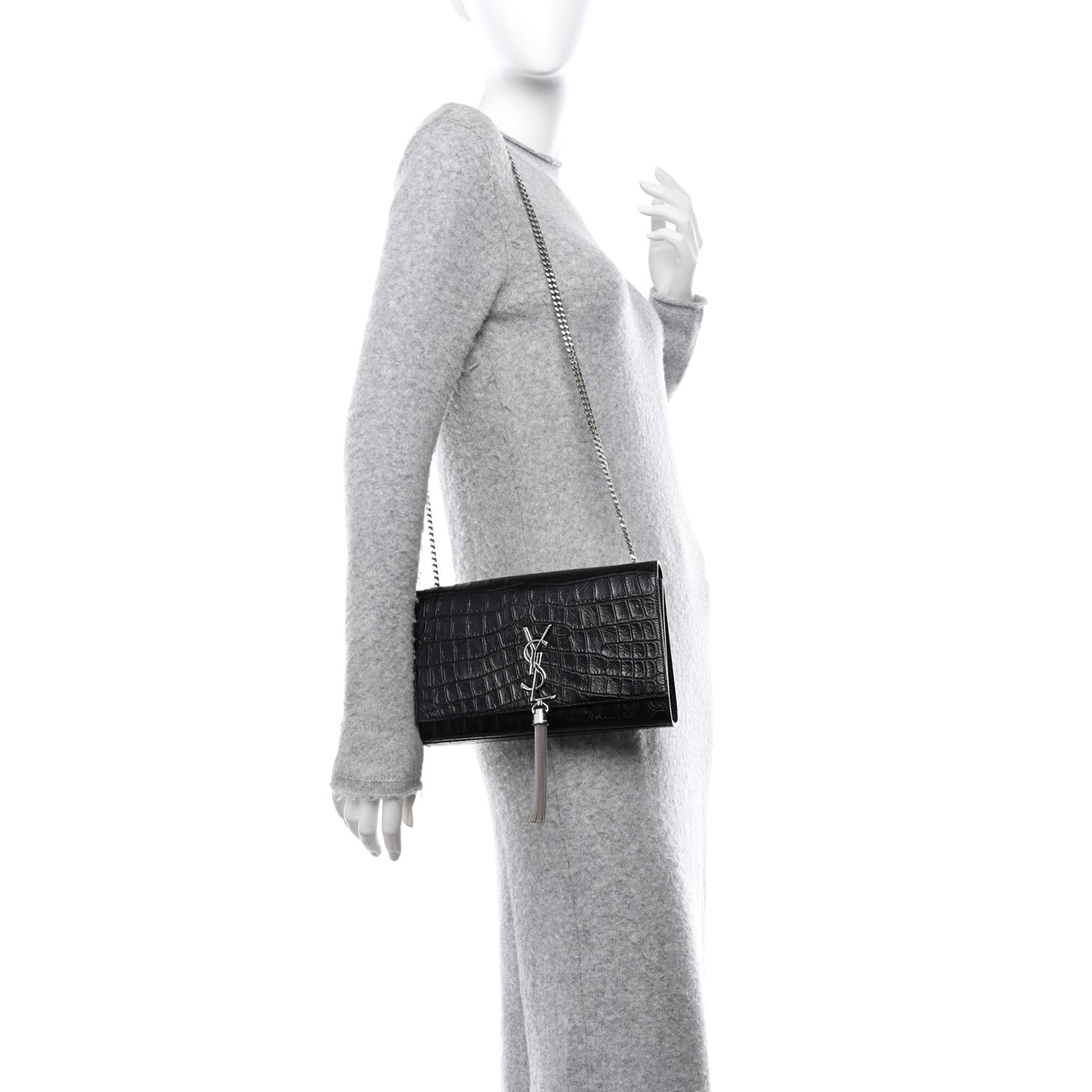 Calfskin Crocodile Embossed Medium Classic Monogram Kate Tassel Satchel Black