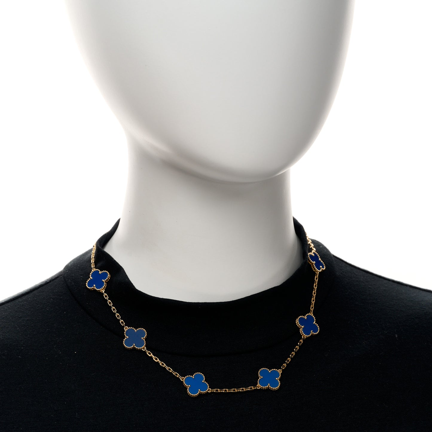 18K Yellow Gold Blue Agate 10 Motifs Vintage Alhambra Necklace