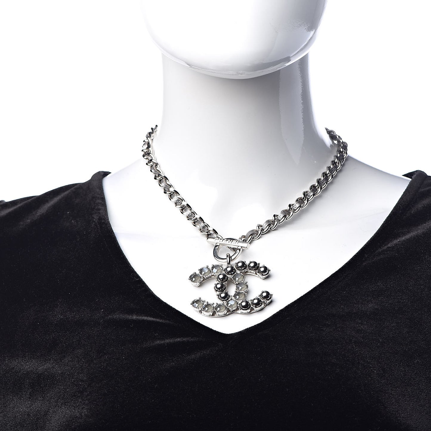 Crystal Beads Lambskin CC Short Necklace Silver