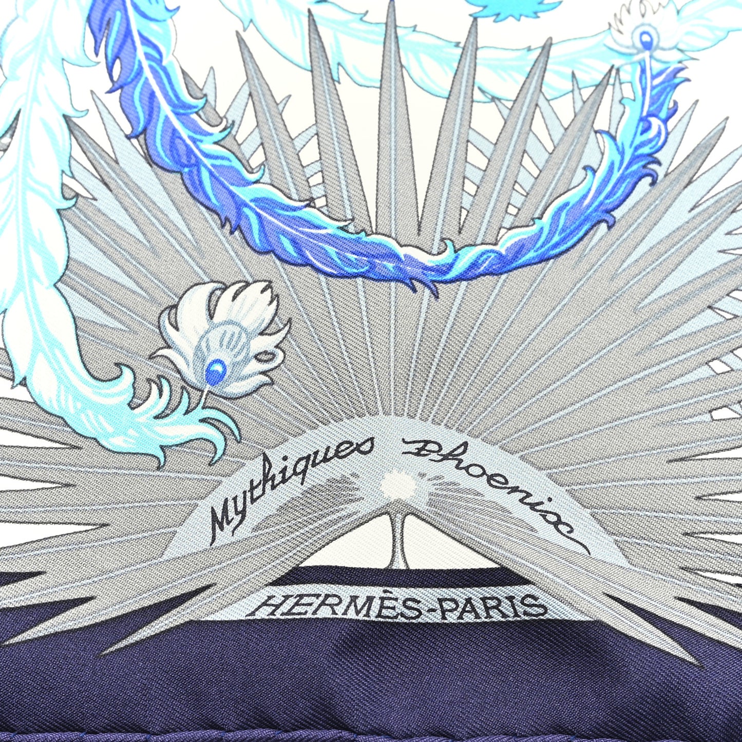 Silk Mythiques Phoenix Scarf 45 White Bleu Turquoise