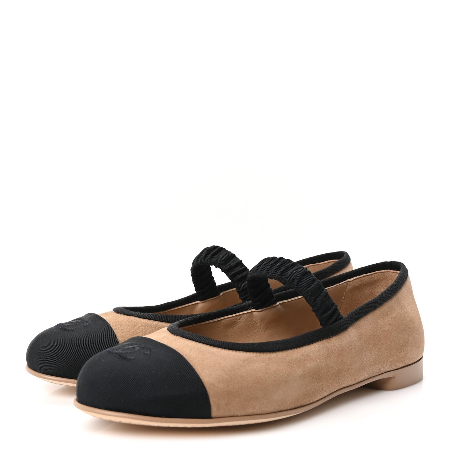 Suede Kidskin Grosgrain Mary Jane Flats 38 Beige Black