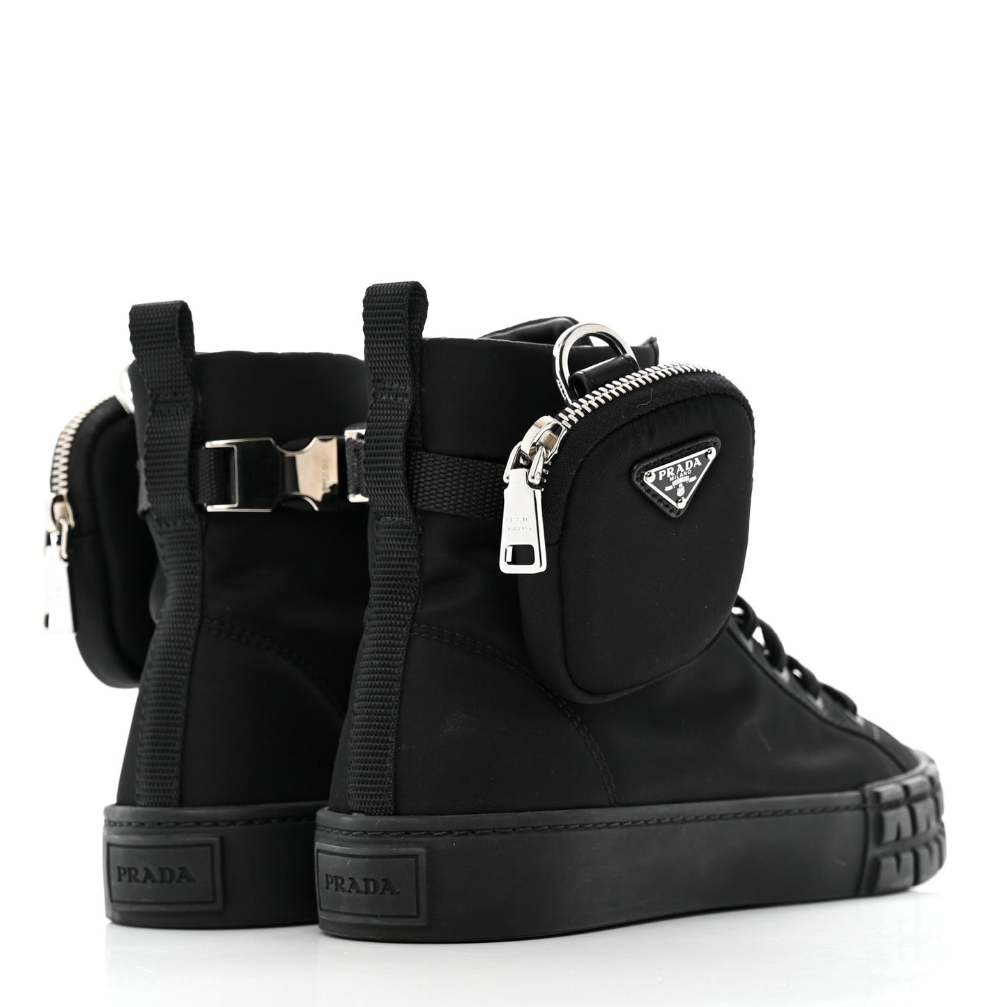 Re-Nylon Gabardine Metal Triangle Logo Wheel Pouch Pocket High Top Sneakers 38.5 Black