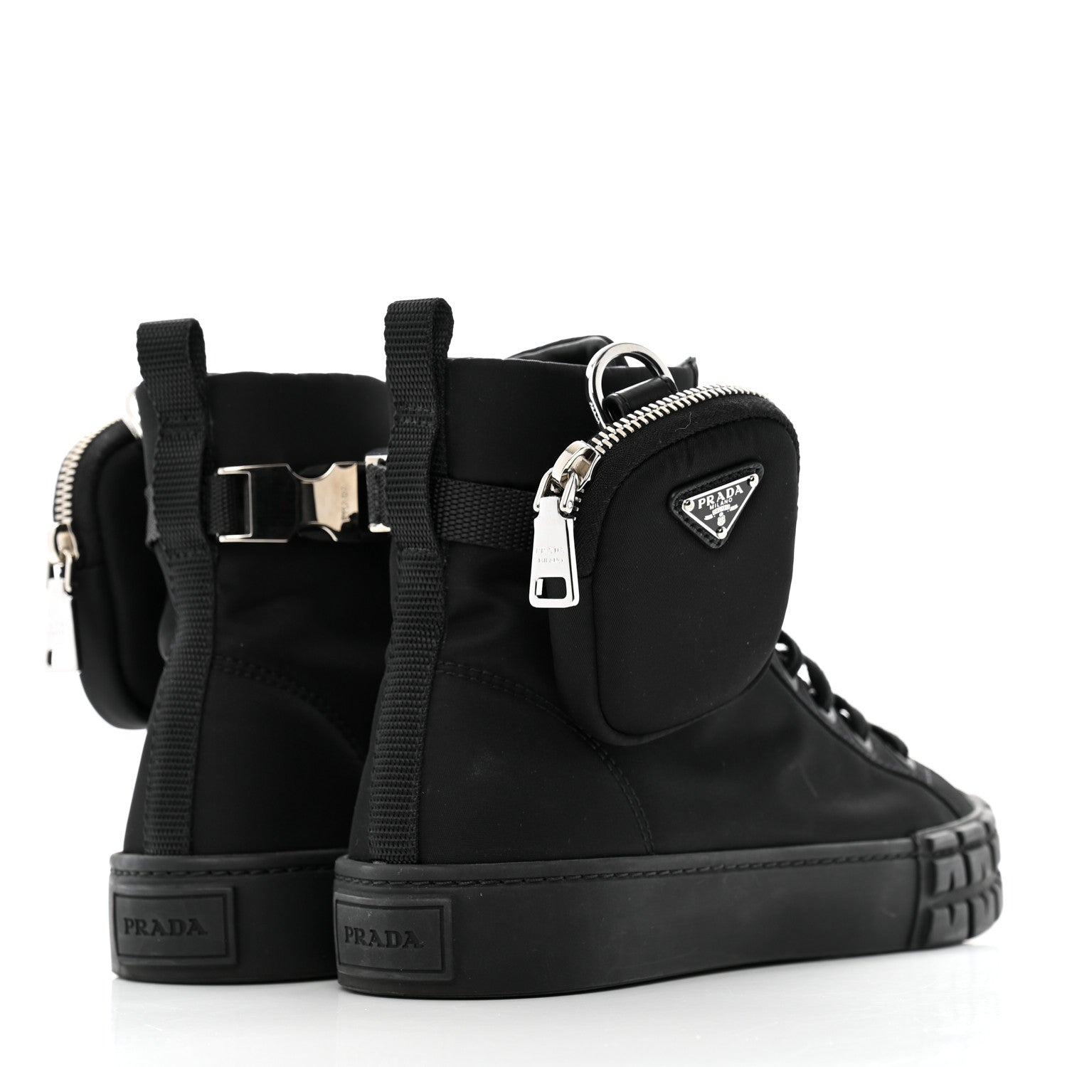 Prada Re-Nylon Gabardine Metal Triangle Logo Wheel Pouch Pocket High Top Sneakers 38.5 Black 5 of 10
