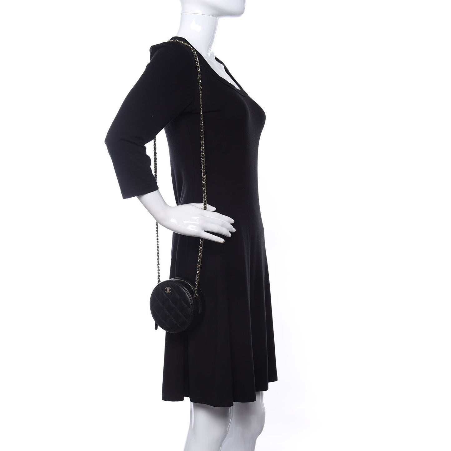 Caviar Quilted Round Clutch With Chain Black