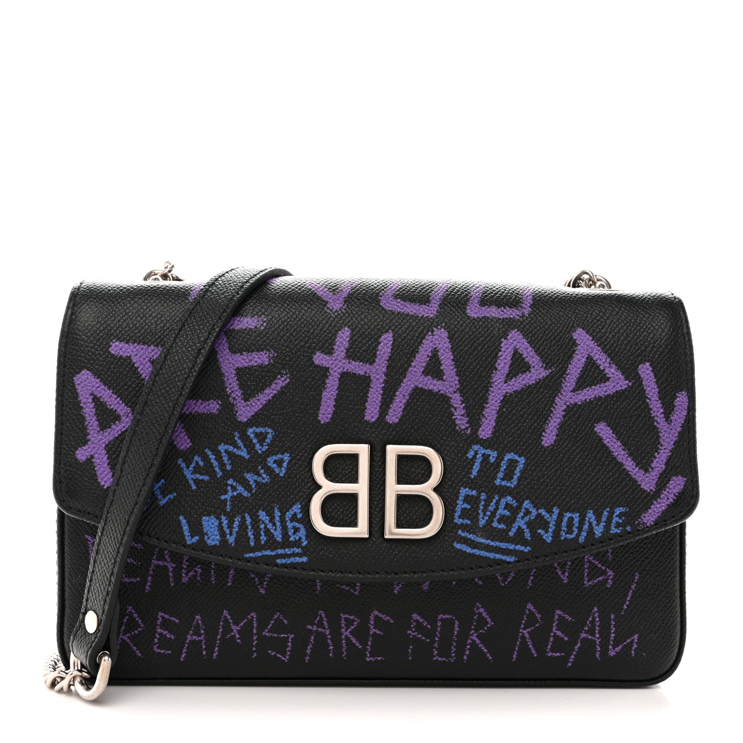 Balenciaga Grained Calfskin Graffiti BB Chain Wallet Black Bleu