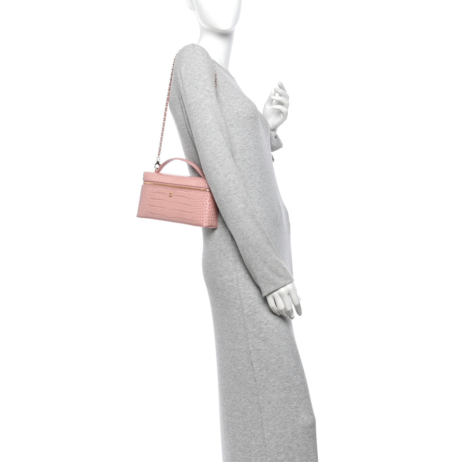 Chanel Calfskin Crocodile Embossed Crococo Top Handle East West Vanity Case With Chain Pink 2 of 11