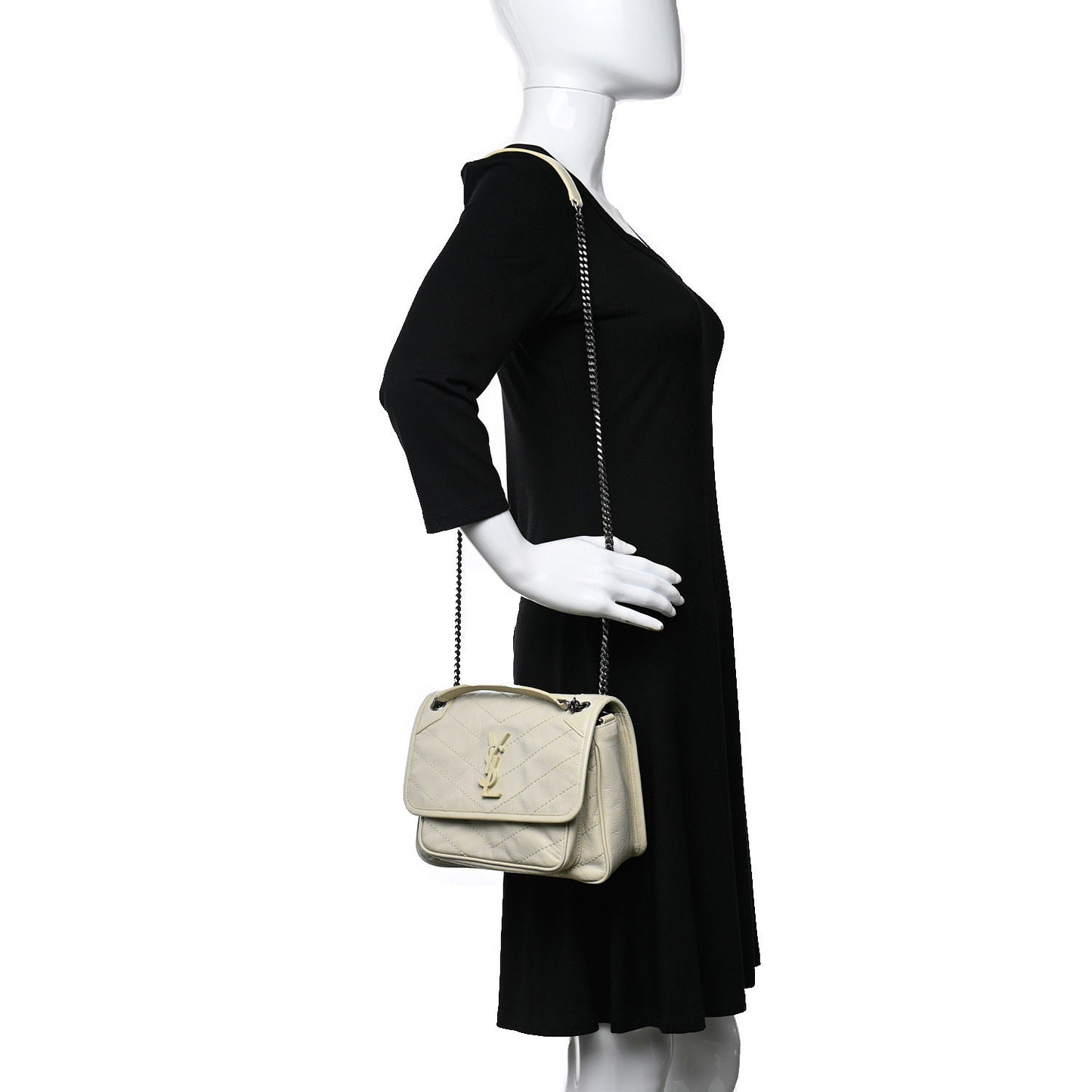 Crinkled Calfskin Matelasse Monogram Baby Niki Chain Satchel Ivory