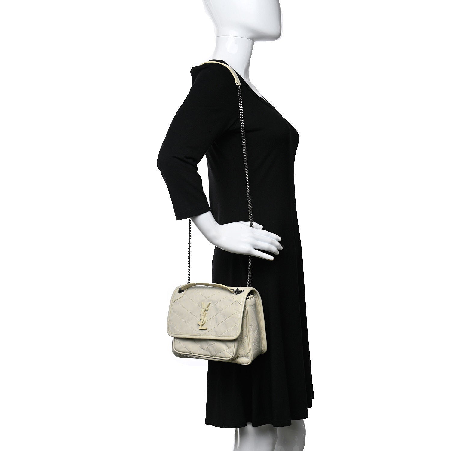 Saint Laurent Crinkled Calfskin Matelasse Monogram Baby Niki Chain Satchel Ivory 2 of 10