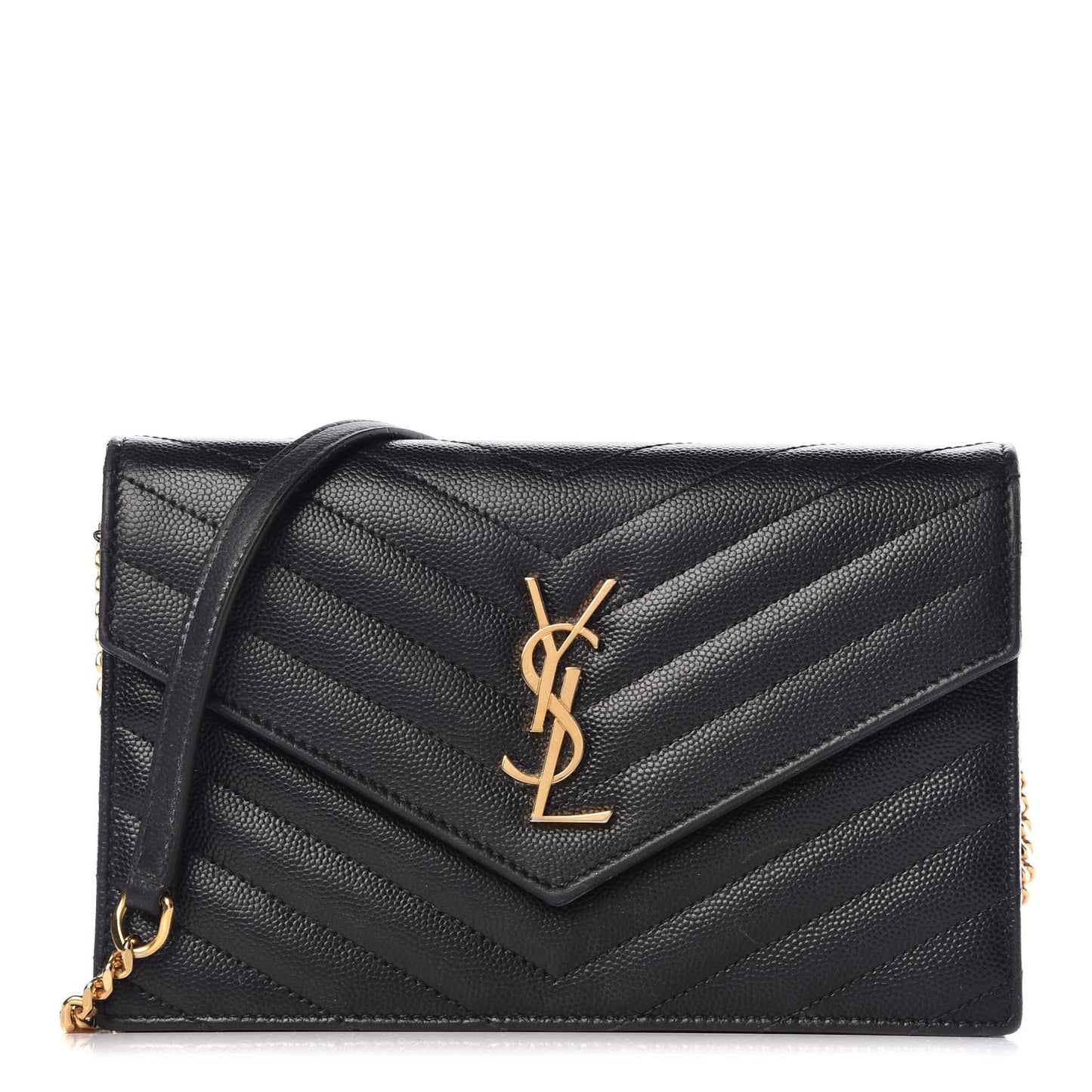 Grain De Poudre Matelasse Chevron Monogram Envelope Chain Wallet Black
