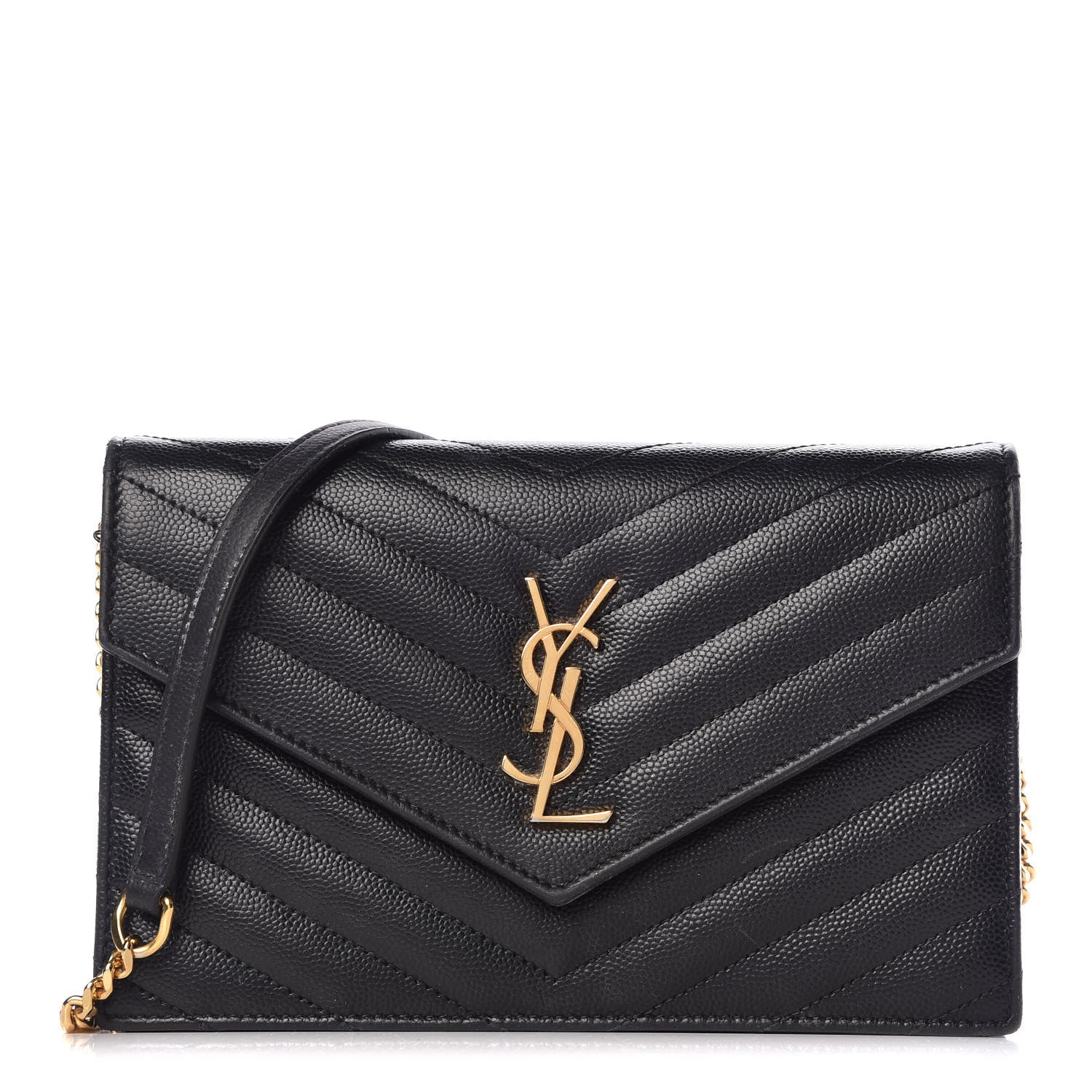 Saint Laurent Grain De Poudre Matelasse Chevron Monogram Envelope Chain Wallet Black 1 of 17