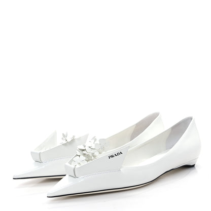 Prada Brushed Calfskin Floral Applique Ballerina Flats 37 White 3 of 9